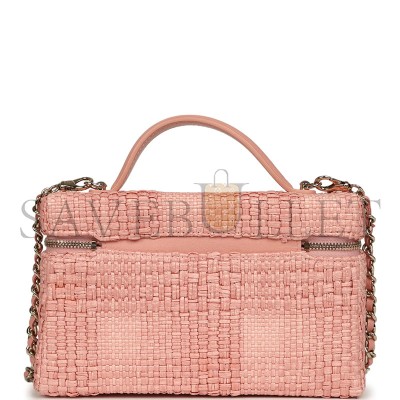 CHANEL MASTER TOP HANDLE LONG VANITY CASE WITH CHAIN LIGHT PINK BRAIDED RAFFIA LIGHT GOLD HARDWARE AP4385 (19.5*17*5cm) 